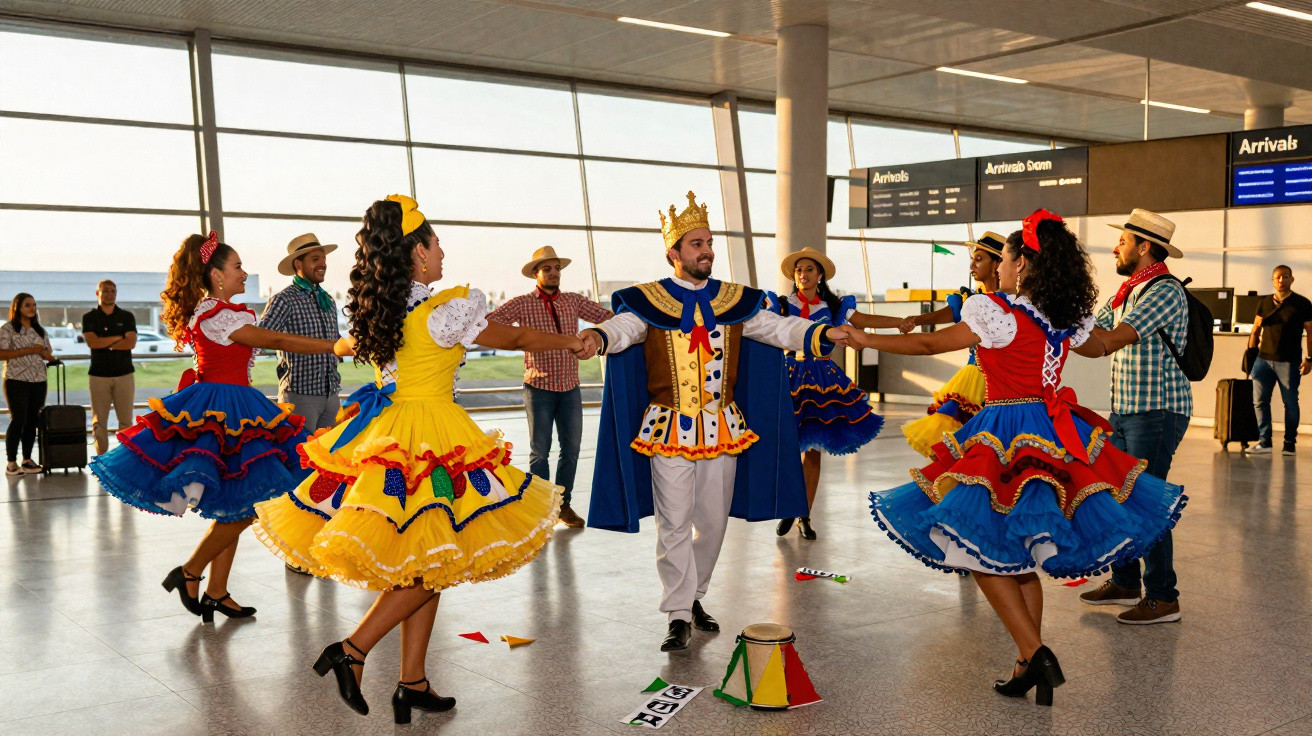 Grupo de pessoas em traje típico brasileiro dançando quadrilha em círculo dentro de aeroporto.
