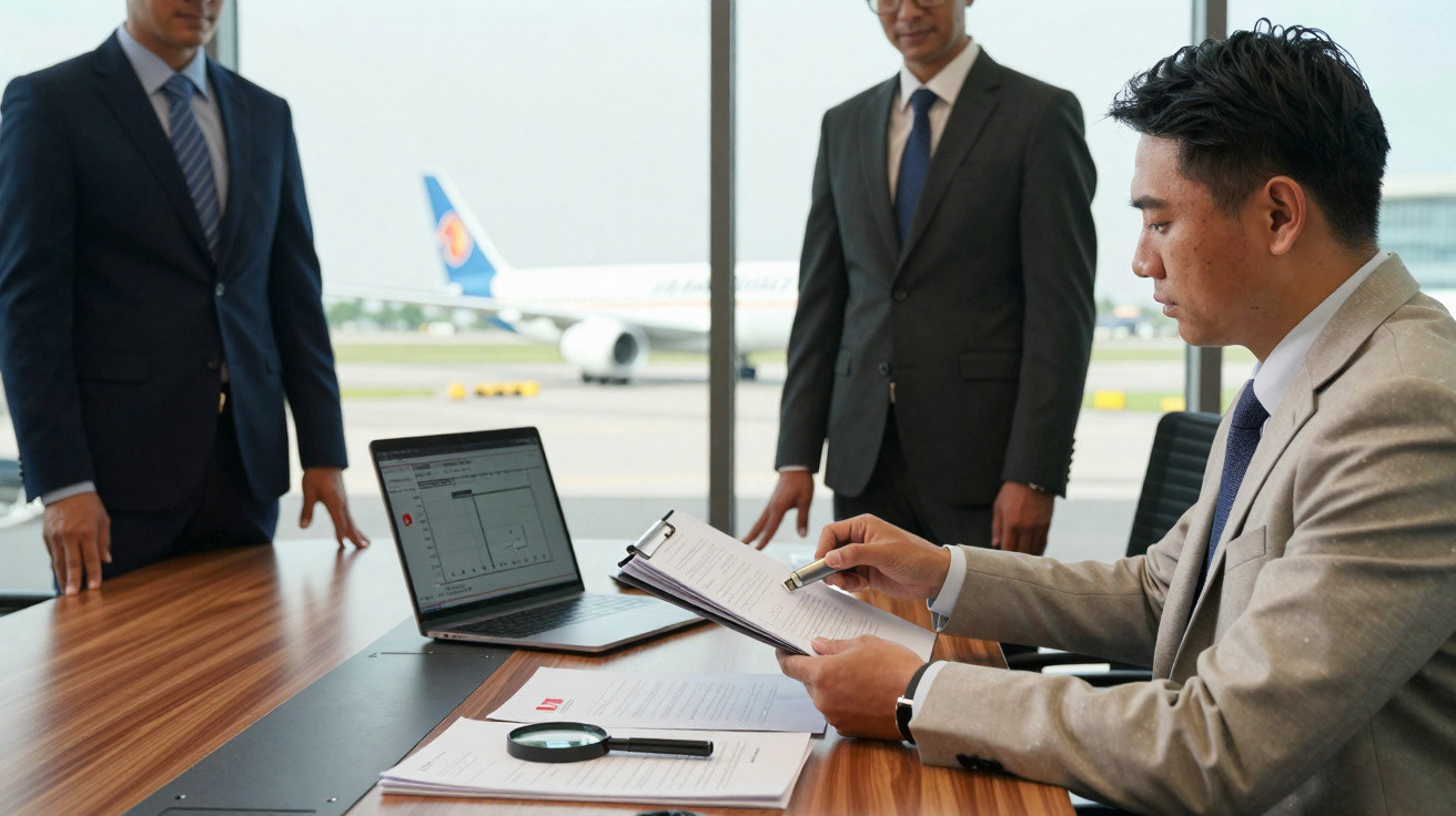 Homem em terno analisa documentos com caneta em sala com vista para avião no aeroporto, outros dois homens estão de pé.
