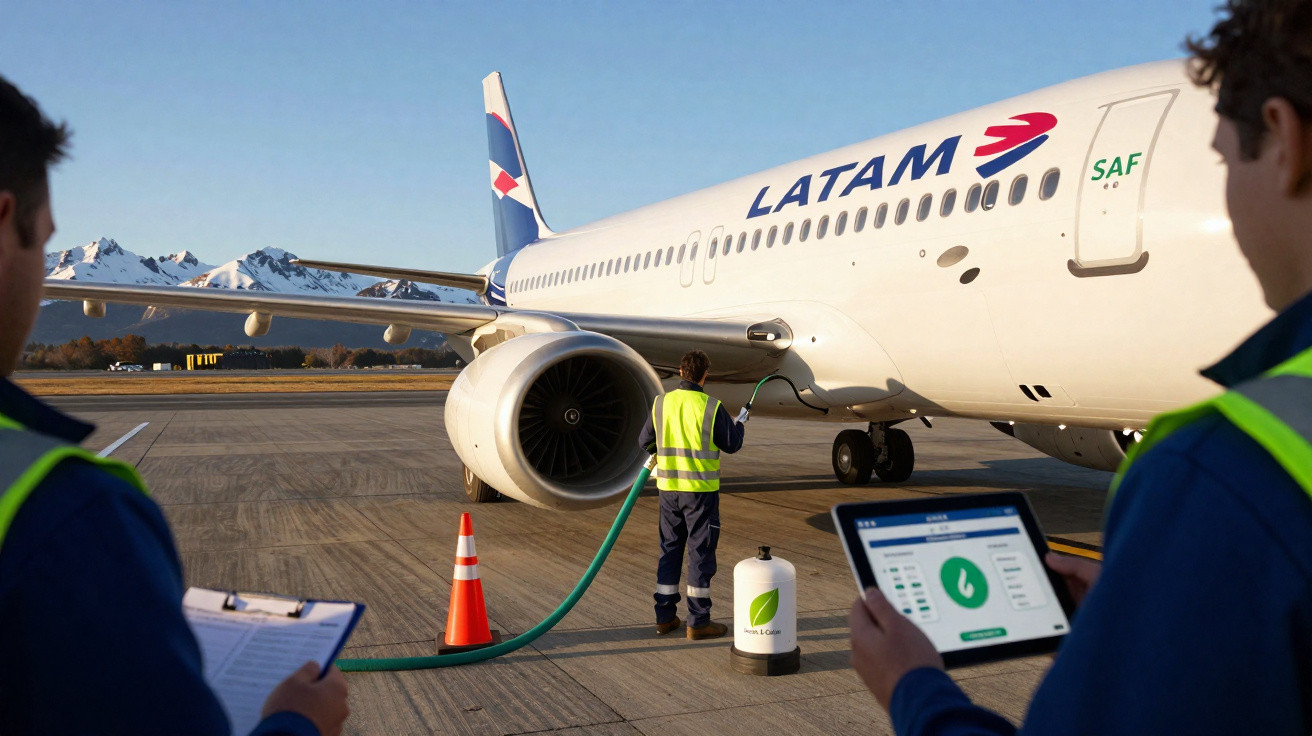 Funcionários abastecendo avião da Latam com combustível sustentável em pista de aeroporto.