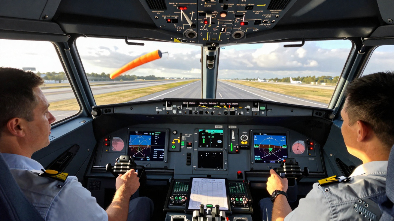 Dois pilotos dentro da cabine de comando de um avião durante taxiamento em pista de aeroporto.