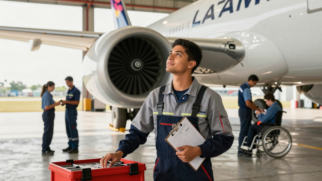 Jovem técnico com prancheta no hangar observando avião da LATAM, enquanto colegas trabalham ao fundo.