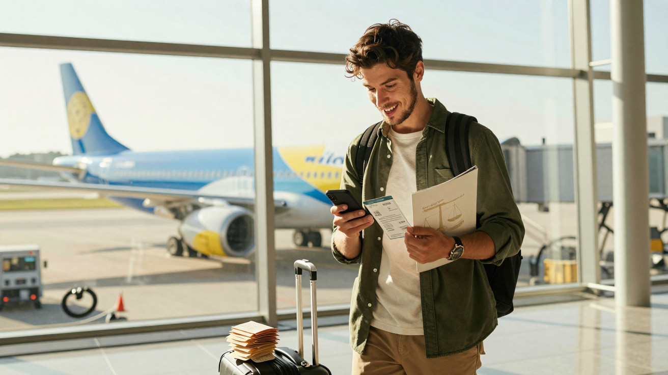 Homem sorridente no aeroporto com celular, documentos e mala ao lado, ao fundo avião estacionado.