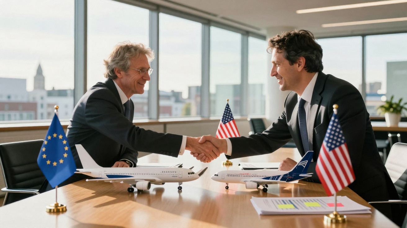 Dois homens de terno apertam as mãos em uma mesa com miniaturas de aviões e bandeiras da UE e dos EUA.