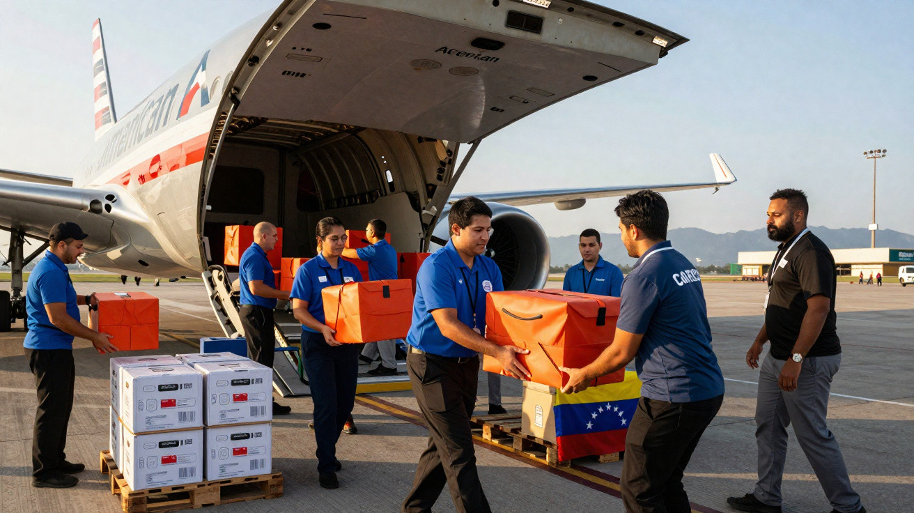 Equipe descarregando caixas laranja de avião de carga em aeroporto, com pallets e pessoas usando uniforme azul.