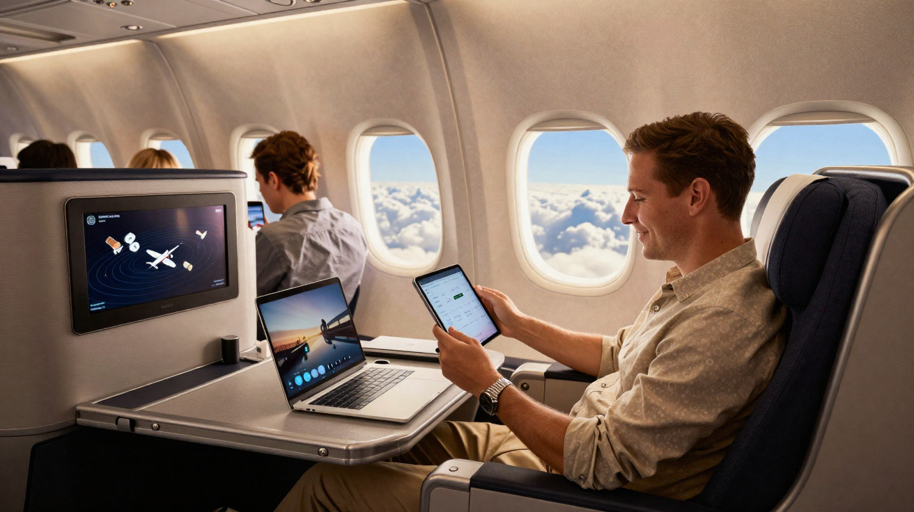 Homem usando tablet e laptop em assento de avião na classe executiva com vista para o céu e nuvens.