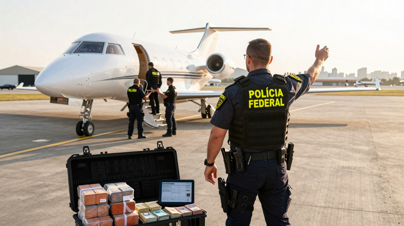 Agentes da Polícia Federal inspecionam mala com dinheiro na pista perto de jatinho branco.