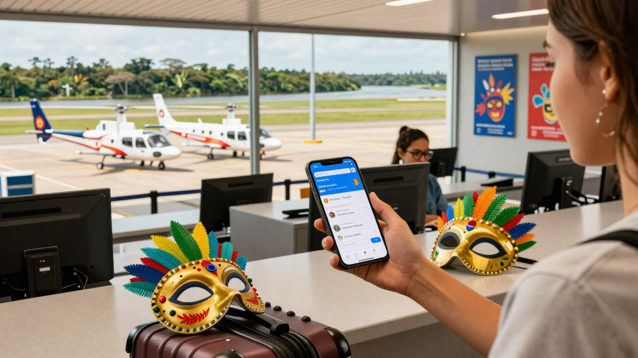 Pessoa usando celular em balcão de aeroporto com duas máscaras coloridas, mala e helicópteros ao fundo.