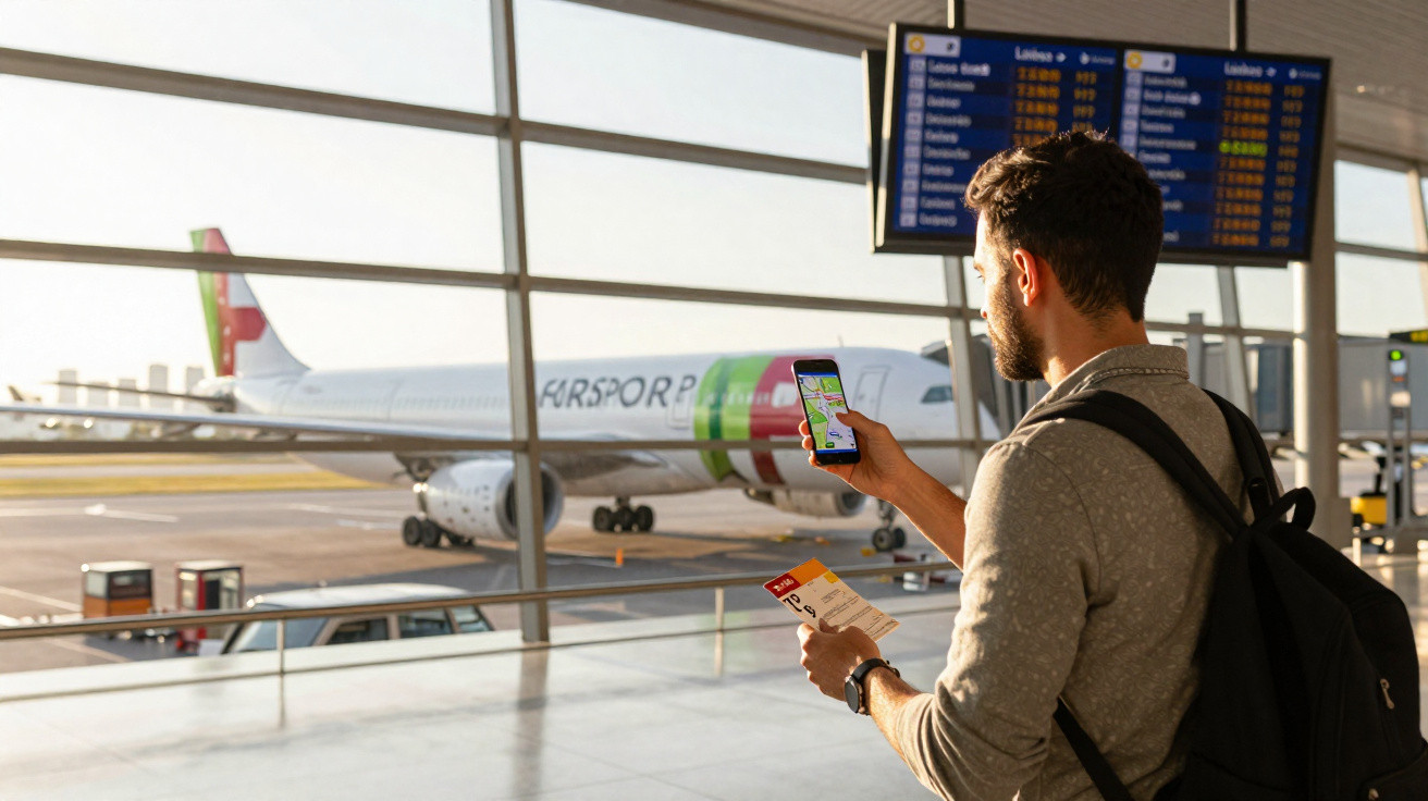 Homem com mochila confere celular e bilhete no aeroporto com avião da TAP ao fundo.