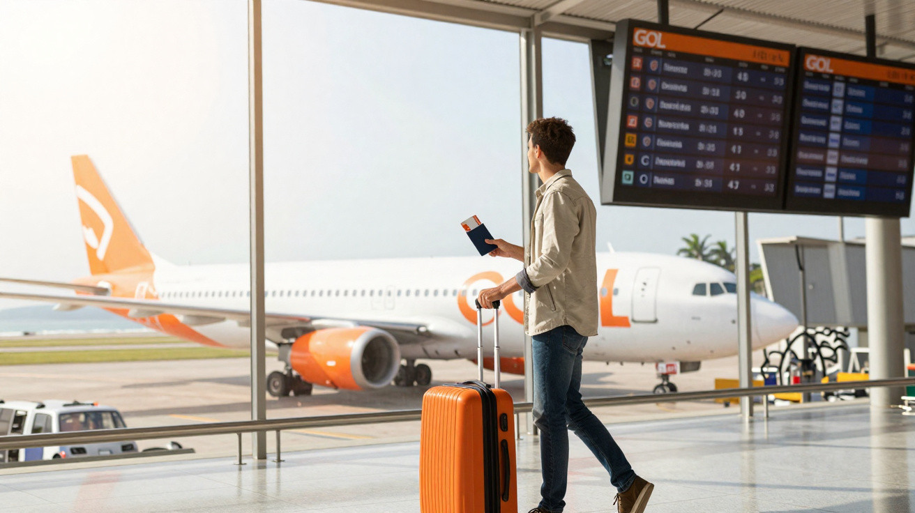 Homem com mala laranja observa avião da companhia Gol pela janela do aeroporto.