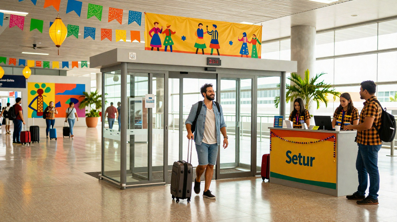 Homem com mala de rodinhas caminha em aeroporto decorado com bandeirinhas coloridas e estande de informações Setur.