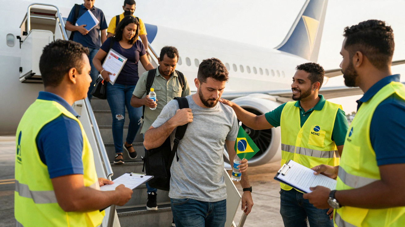 Passageiros descendo de avião e sendo recebidos por funcionários com coletes refletivos na pista.