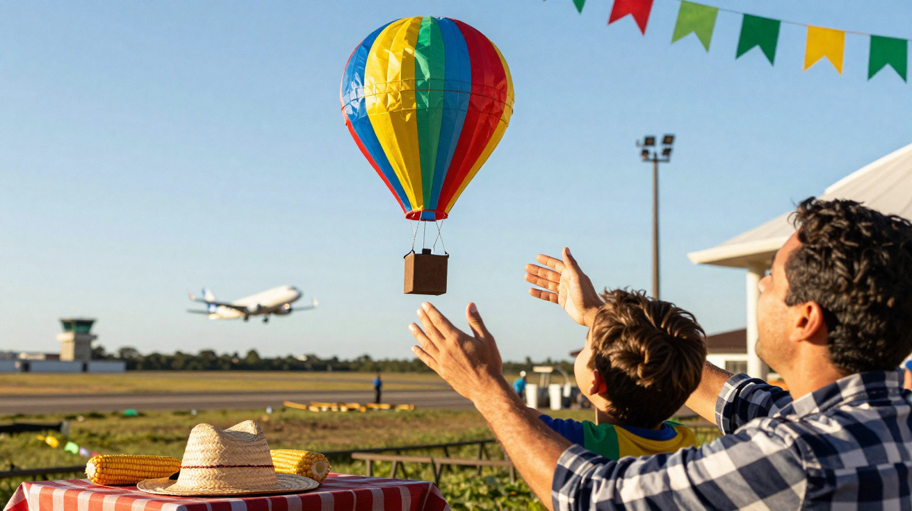 Pai e filho brincam com balão colorido de brinquedo enquanto avião decola ao fundo em campo aberto.
