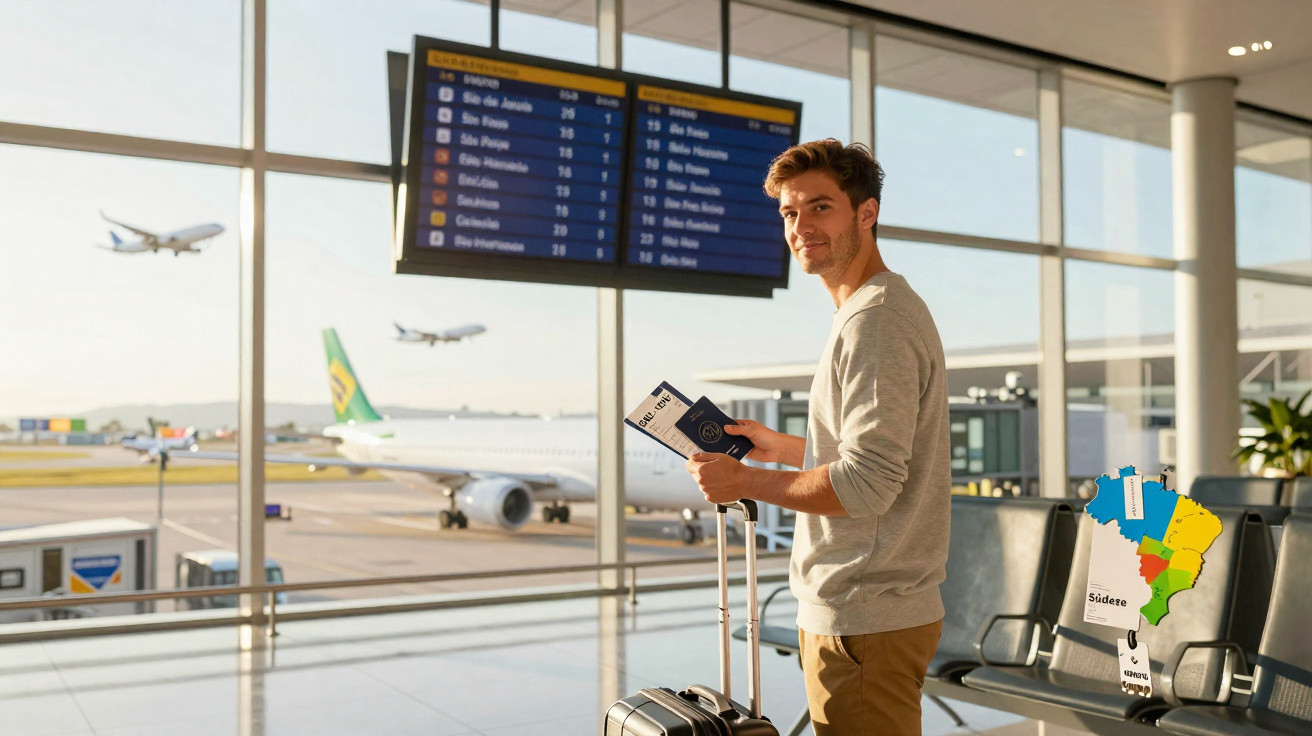 Homem em aeroporto com passaporte e mala, painel de voos ao fundo e aviões na pista.