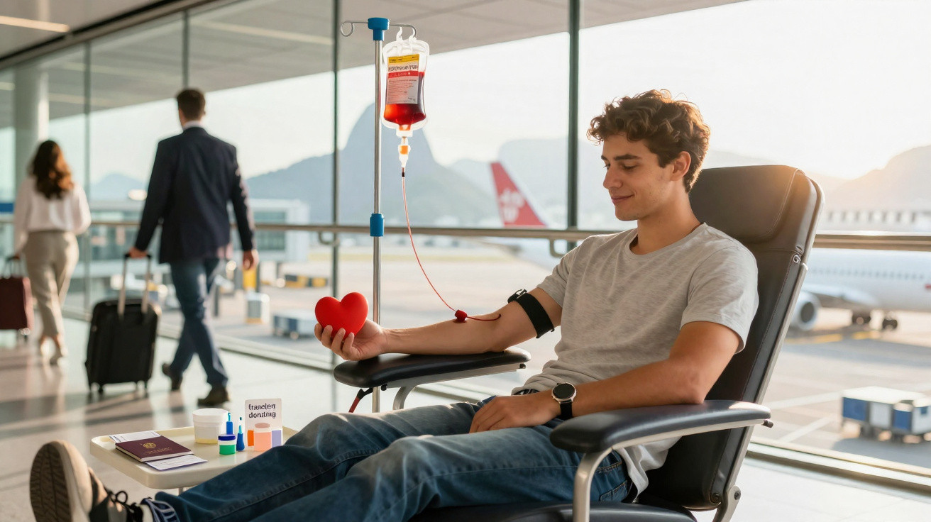 Jovem doando sangue sentado em cadeira na área de espera de aeroporto, segurando coração vermelho.