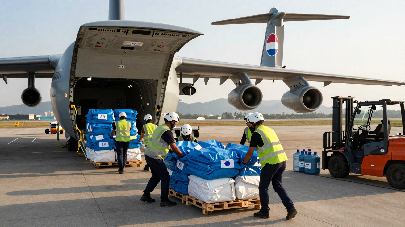 Trabalhadores com coletes e capacetes carregam pallets com suprimentos azuis para dentro de avião de carga em aeroporto.