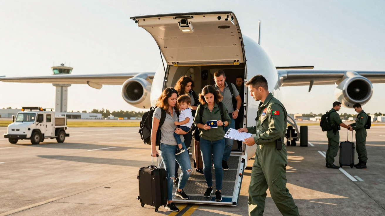 Passageiros desembarcam de avião na pista enquanto atendente confere documentos em aeroporto.
