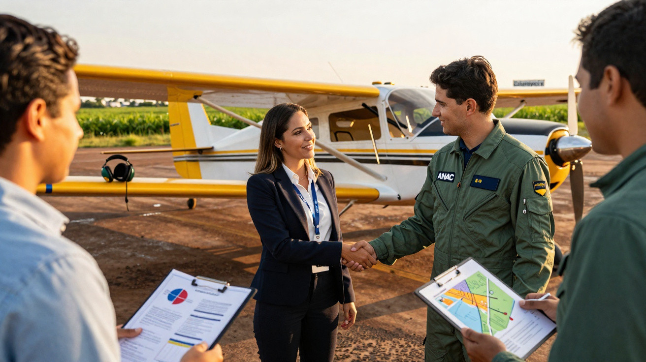 Pessoa mulher de terno cumprimentando piloto com macacão verde em pista de avião pequeno ao entardecer.