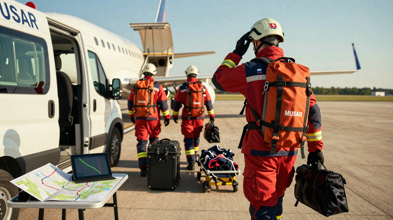 Equipe MUSAR em uniforme vermelho e capacete caminhando em pista de aeroporto com mala e maca.