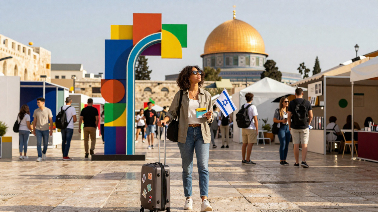 Mulher com mala e bandeira de Israel caminha em praça com cúpula dourada ao fundo e obras coloridas.