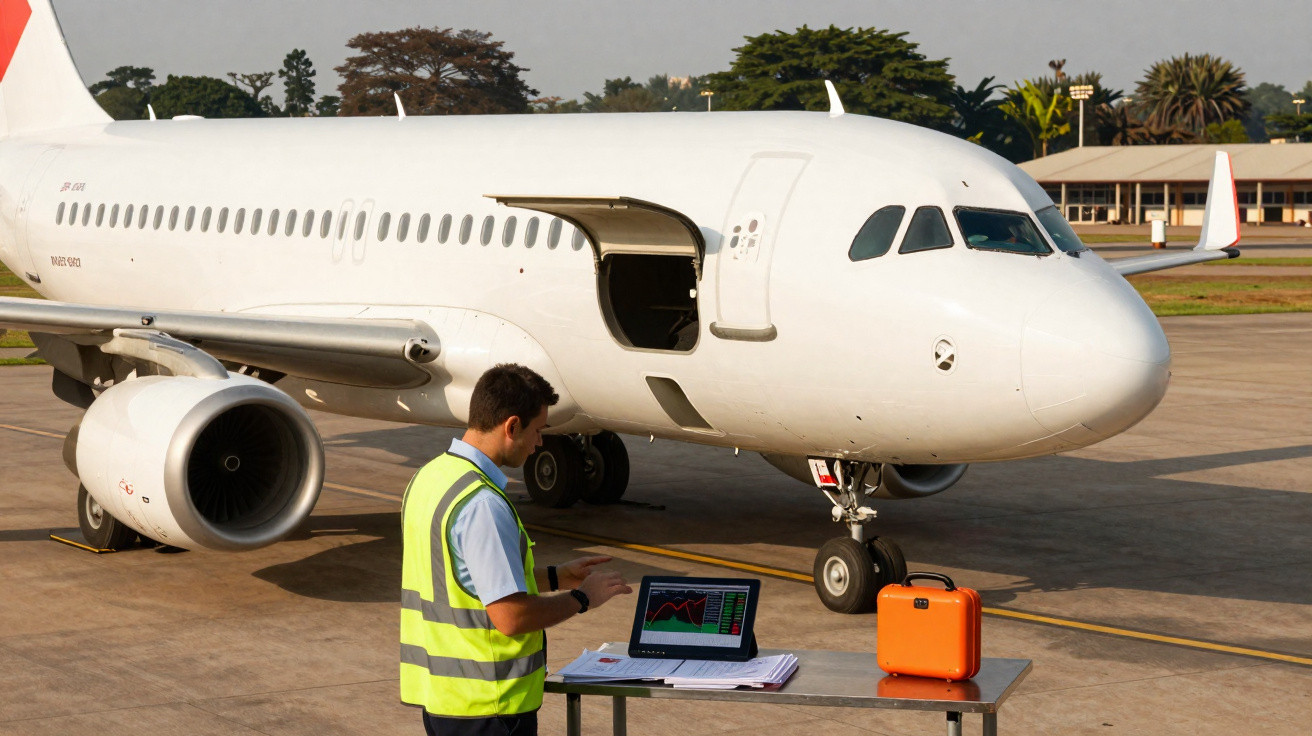 Homem com colete de segurança verifica dados em laptop próximo a avião branco estacionado no aeroporto.