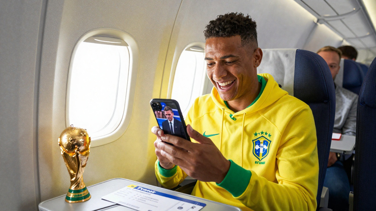 Homem sorridente com moletom amarelo da seleção brasileira assistindo vídeo no celular dentro de avião, troféu da Copa do Mun