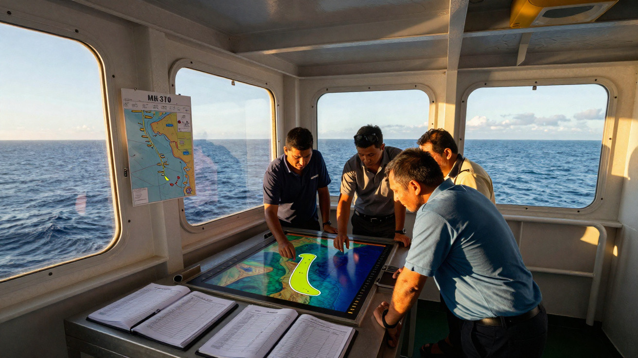Quatro homens analisam mapa digital em mesa naval dentro de embarcação no mar aberto durante o dia.