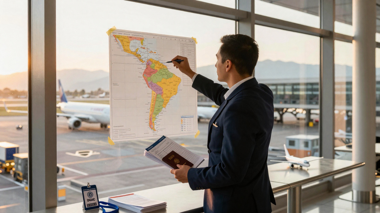 Homem em terno analisa mapa da América do Sul no aeroporto com passaporte e documentos na mão.