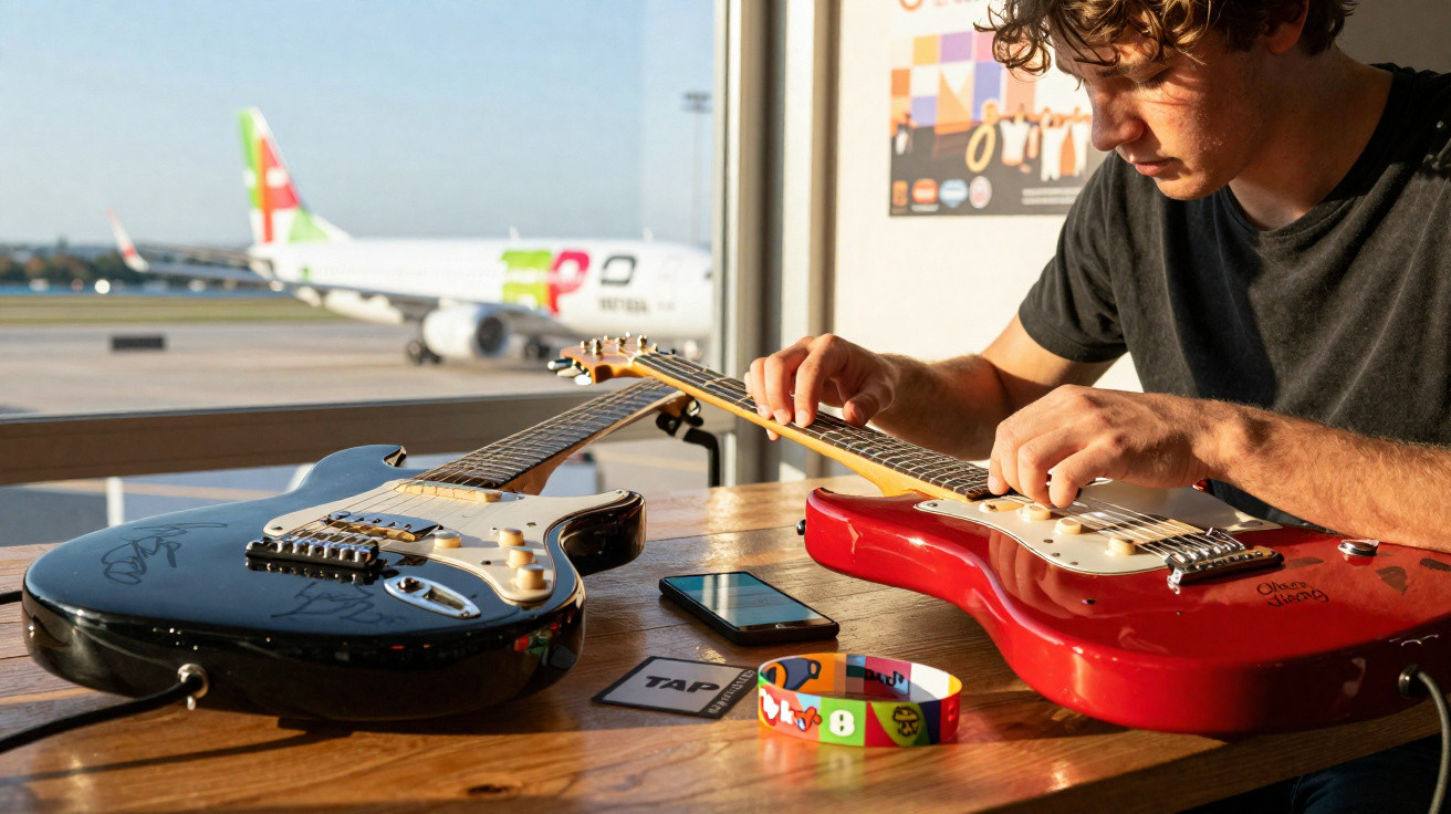 Jovem afinando guitarra vermelha em mesa, perto de janela com avião TAP estacionado ao fundo.