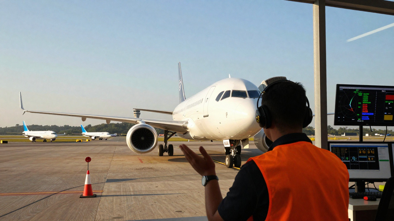 Controlador aéreo com colete laranja guia avião branco no pátio do aeroporto ao pôr do sol.