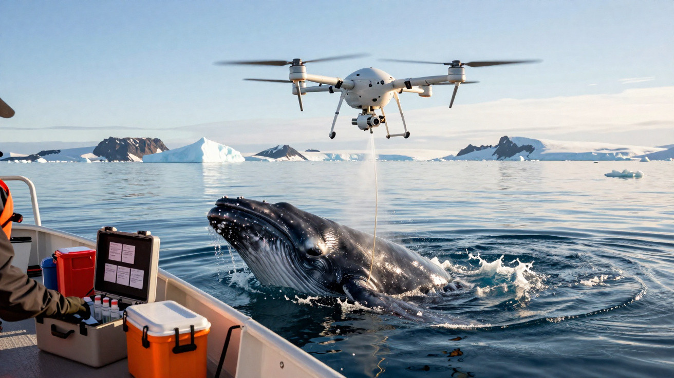Baleia jubarte emergindo perto de barco com drone sobrevoando em águas com icebergs e montanhas ao fundo.