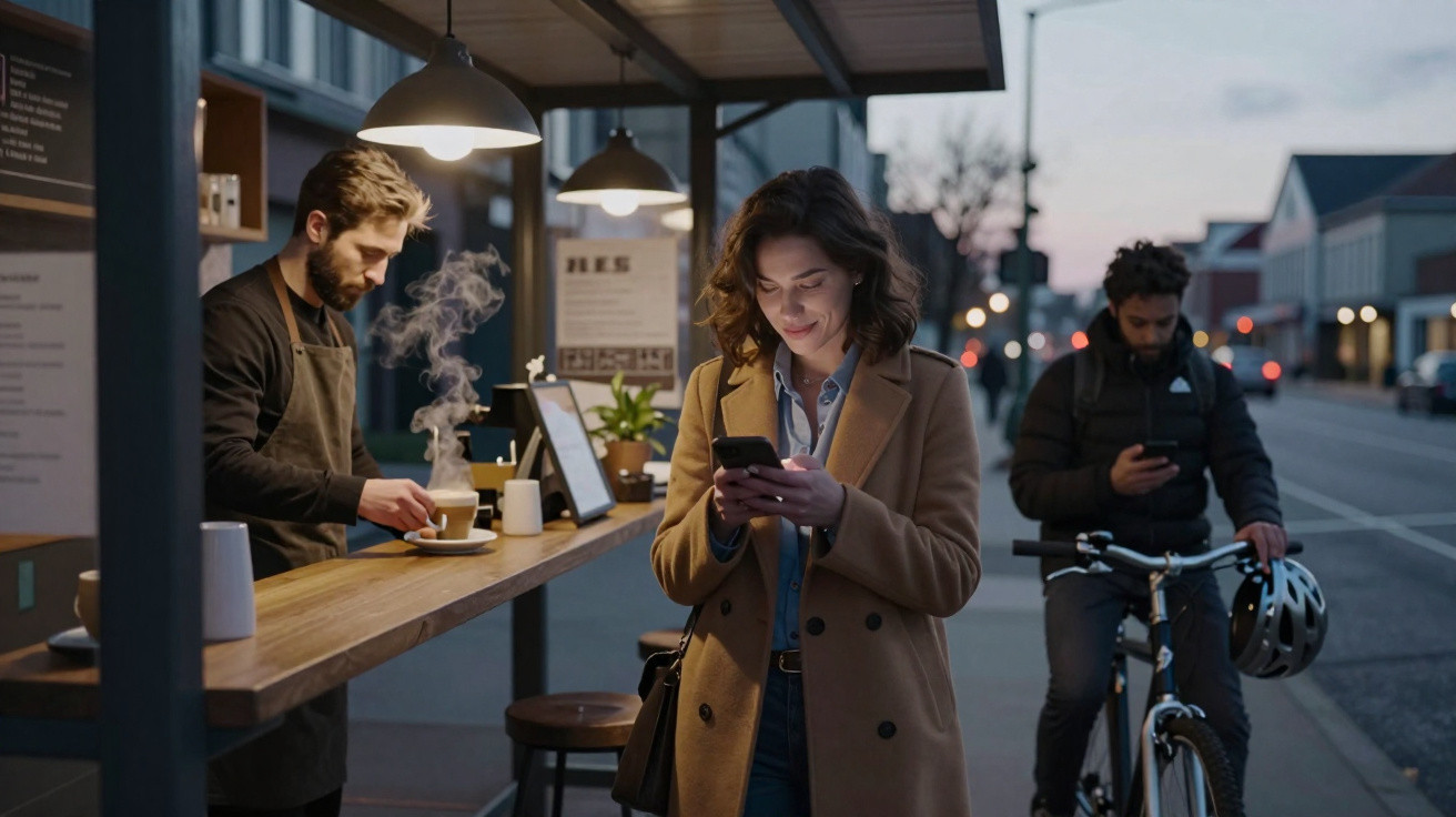 Mulher checando celular em cafeteria ao ar livre ao entardecer, barista preparando café e homem com bicicleta ao fundo.