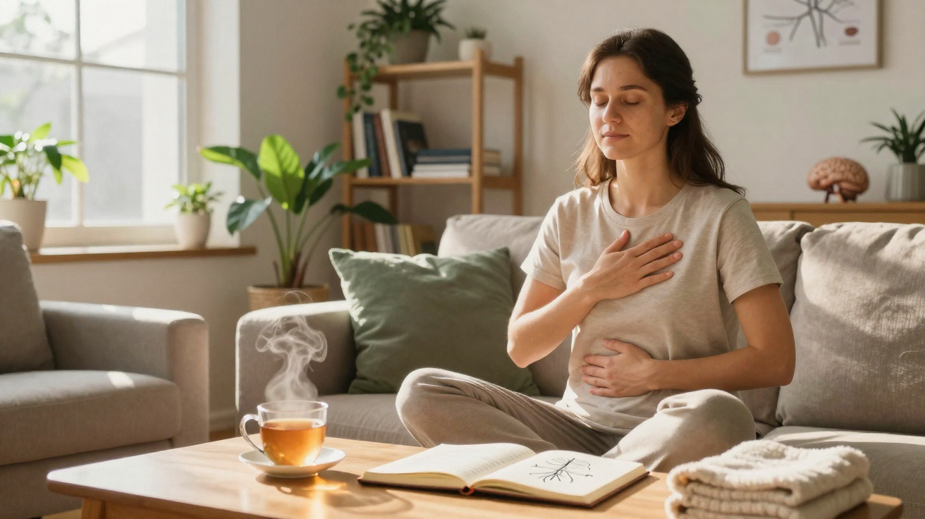Mulher sentada no chão da sala, meditando com uma mão no peito e outra na barriga, ao lado de chá e livro.