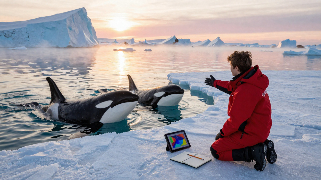 Pessoa de roupa vermelha interagindo com duas orcas em ambiente gelado com icebergues ao pôr do sol.