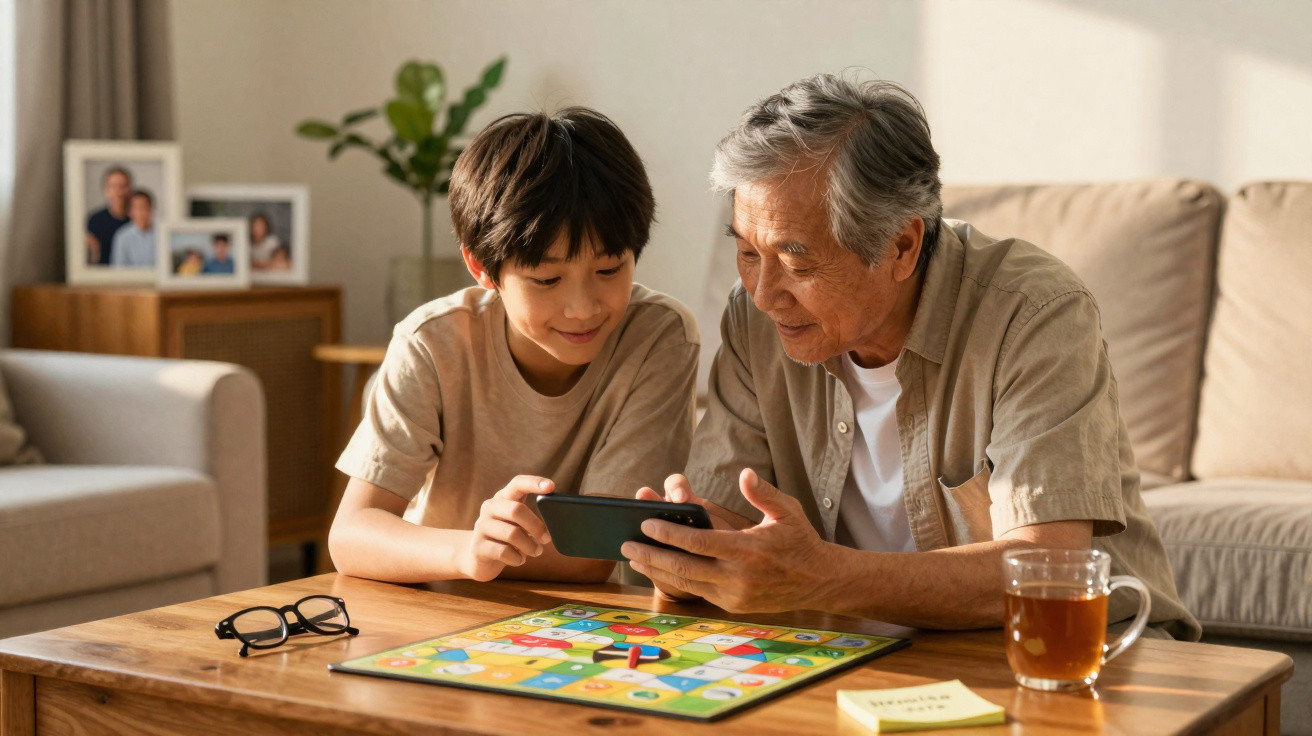 Menino e idoso sentados à mesa, sorrindo enquanto olham para o celular, com jogo de tabuleiro à frente.