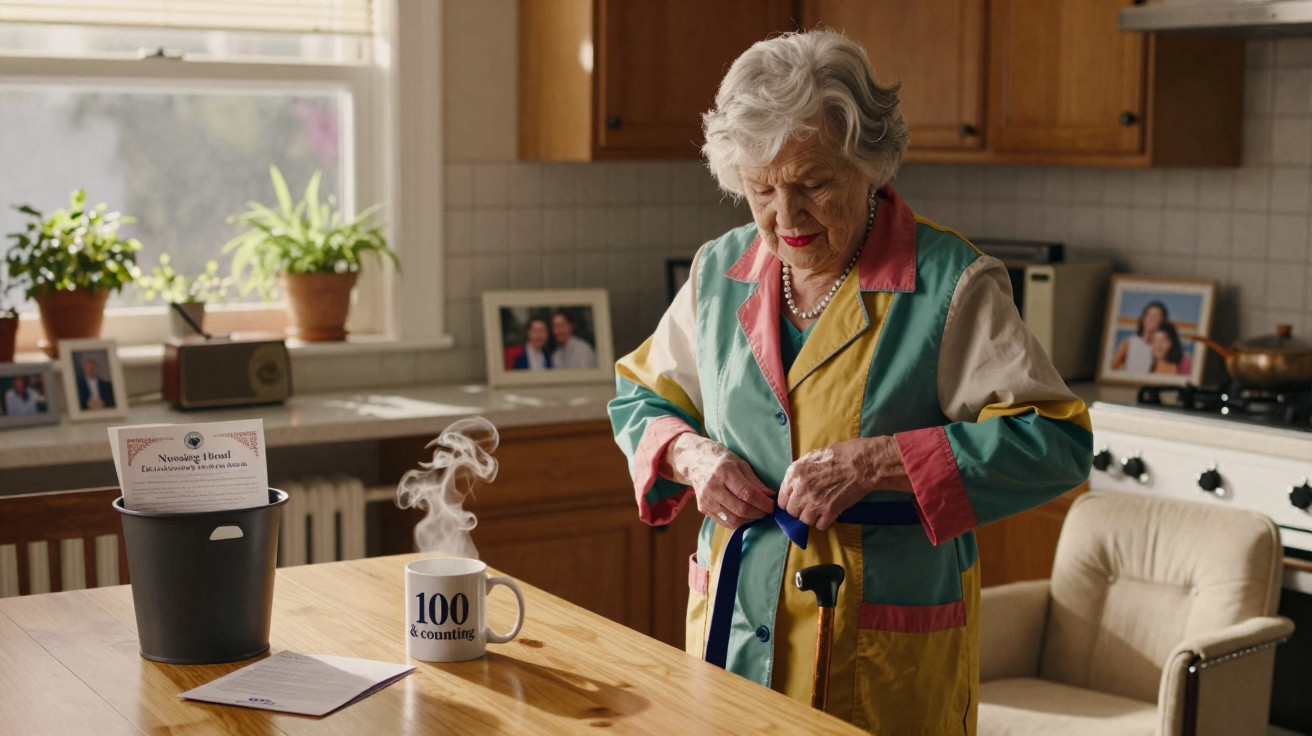 Mulher idosa vestindo robe colorido, arrumando cinto na cozinha com caneca de café fumegante na mesa.