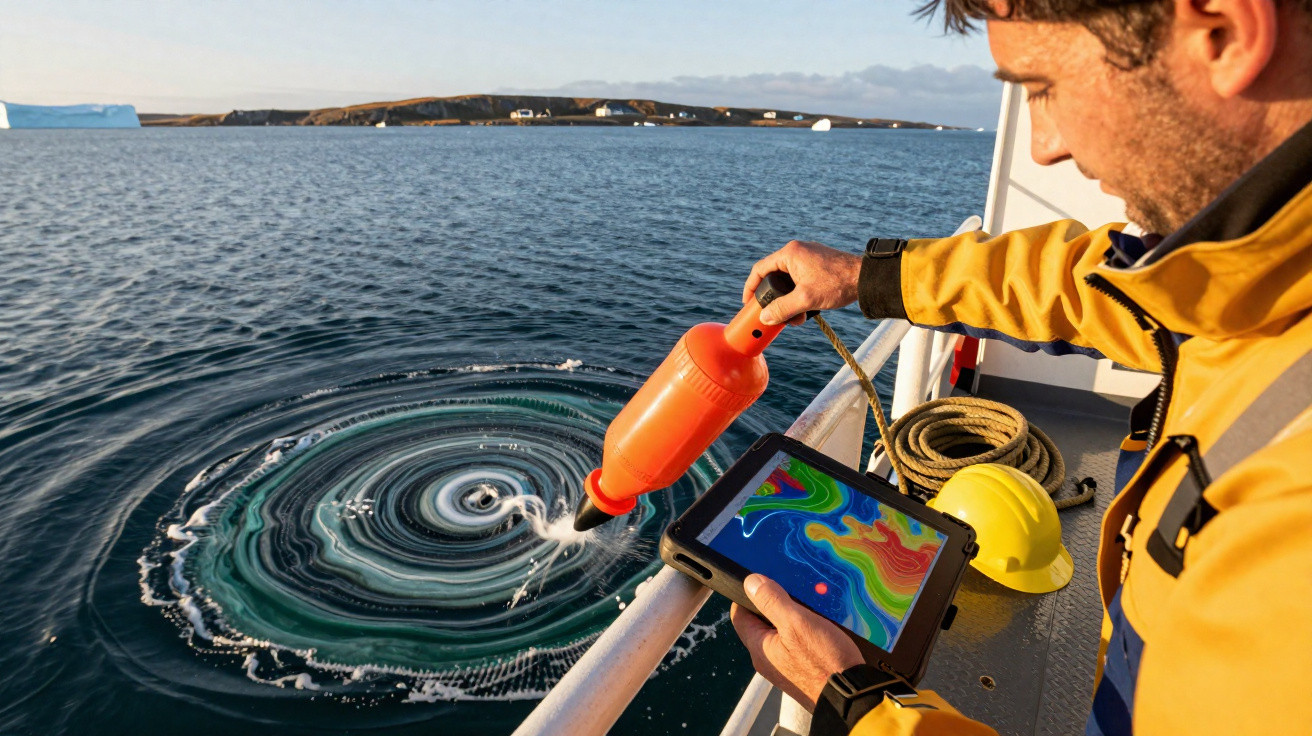 Homem em barco lança dispositivo laranja na água, acompanhando dados coloridos em tablet na mão.