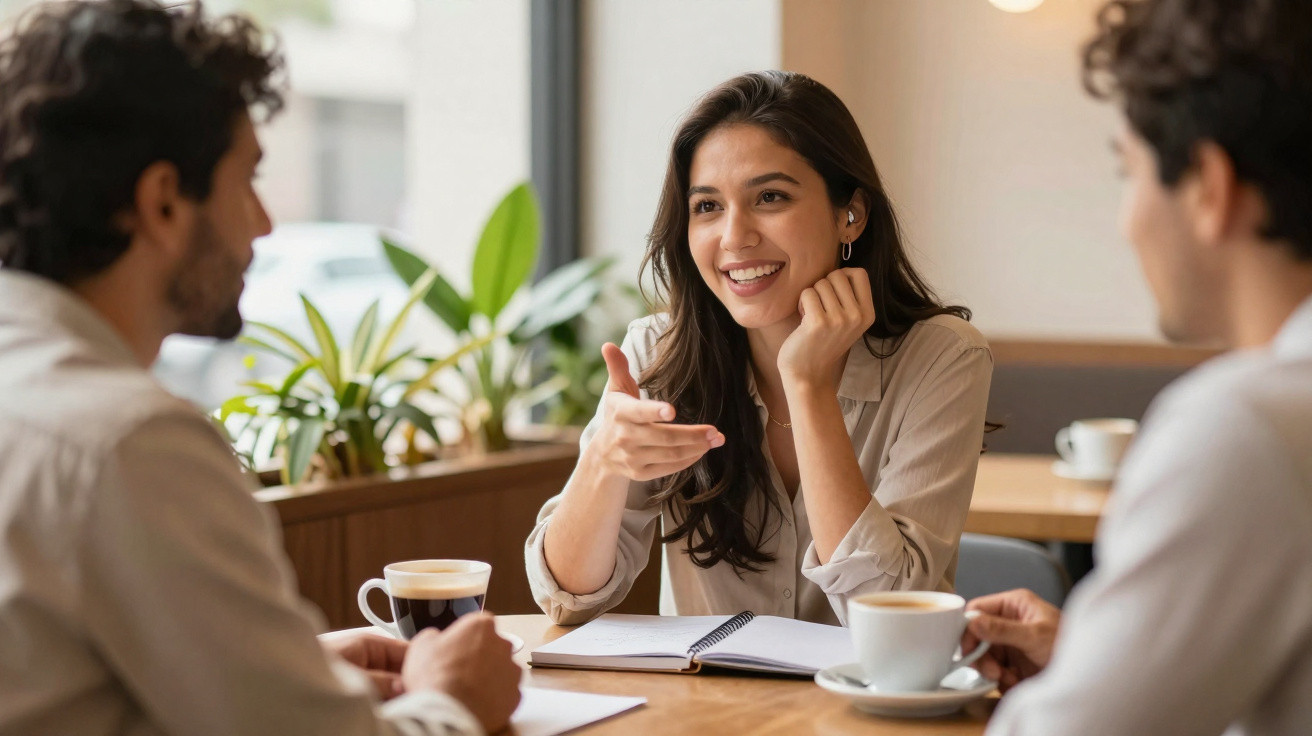 Três pessoas conversando e tomando café em uma mesa com cadernos em ambiente interno iluminado.