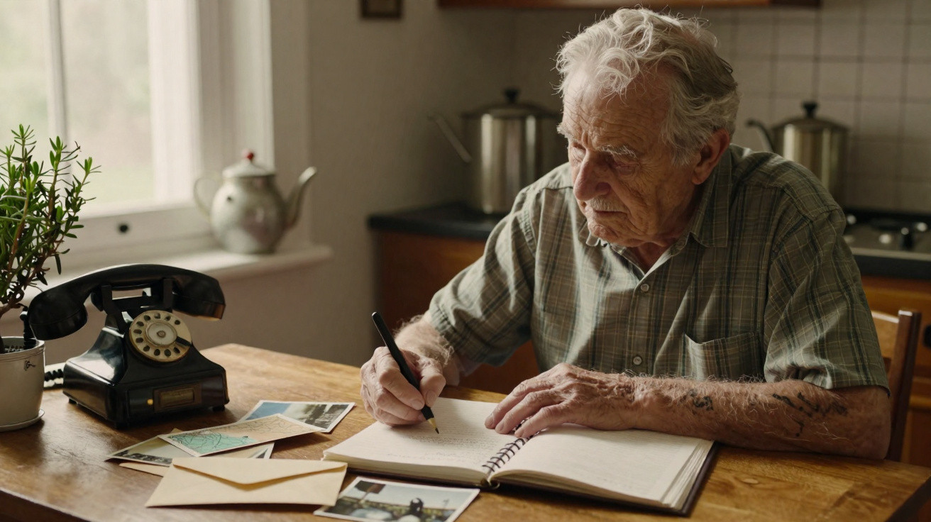 Idoso escrevendo em caderno em mesa de madeira com telefone antigo, fotos e envelope, em cozinha iluminada.