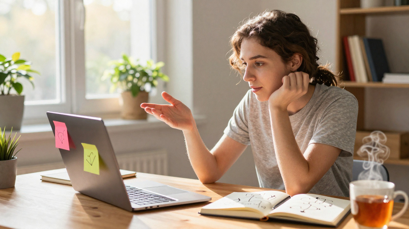 Mulher jovem estudando com notebook e caderno em ambiente iluminado por luz natural.