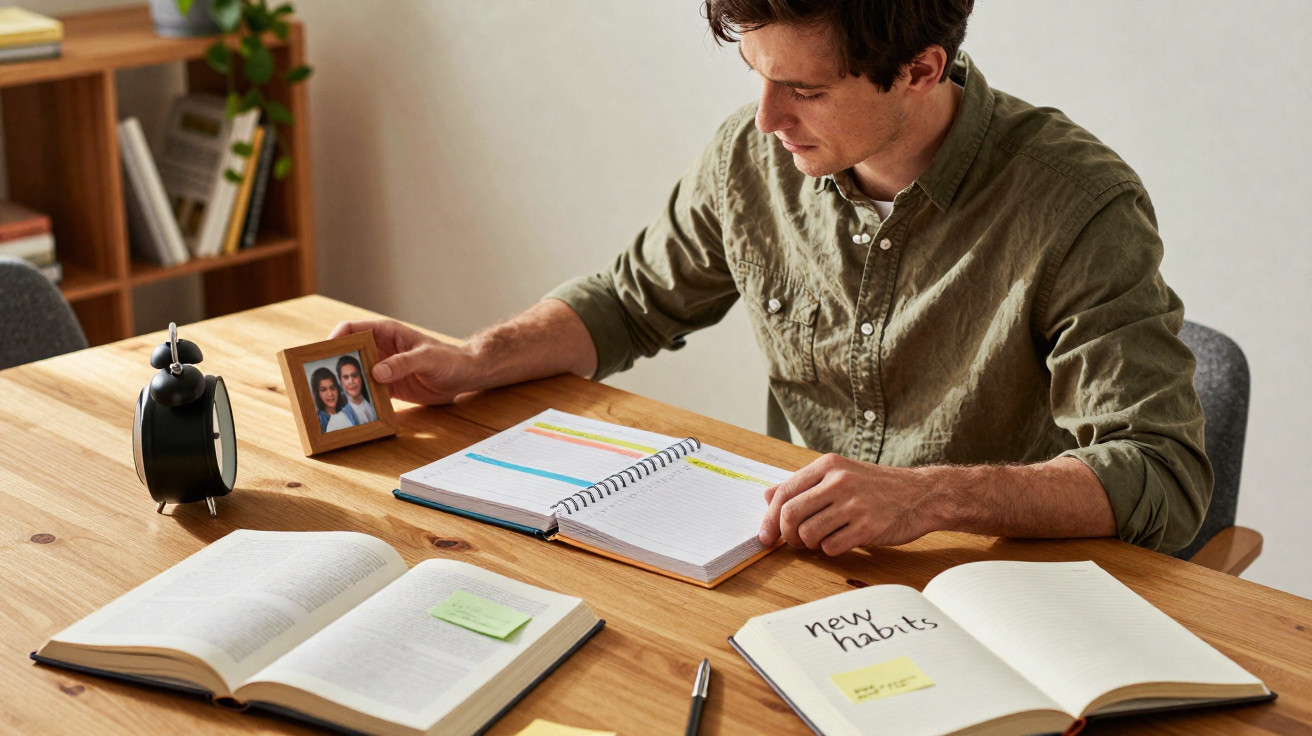 Homem sentado à mesa estudando com livros, caderno aberto e segurando porta-retrato com foto de casal.