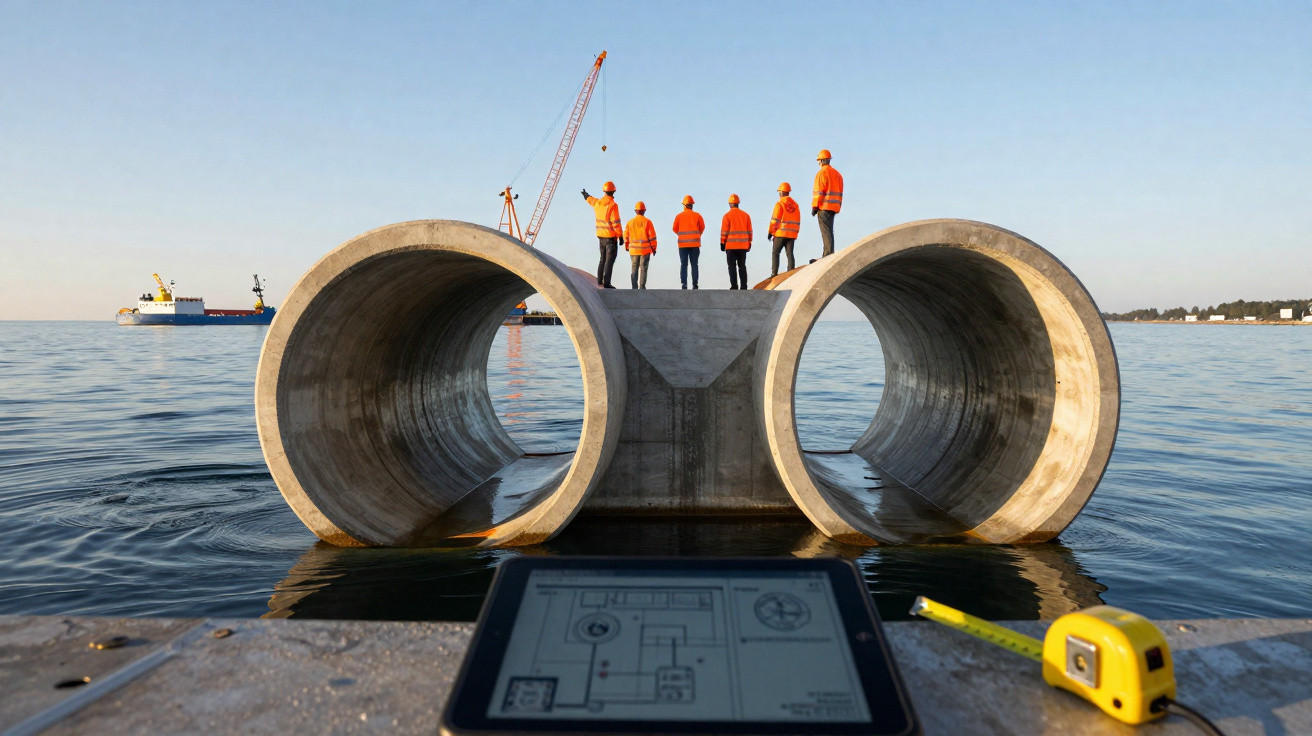 Engenheiros em coletes laranja em obra com grandes tubos de concreto perto do mar em dia ensolarado.