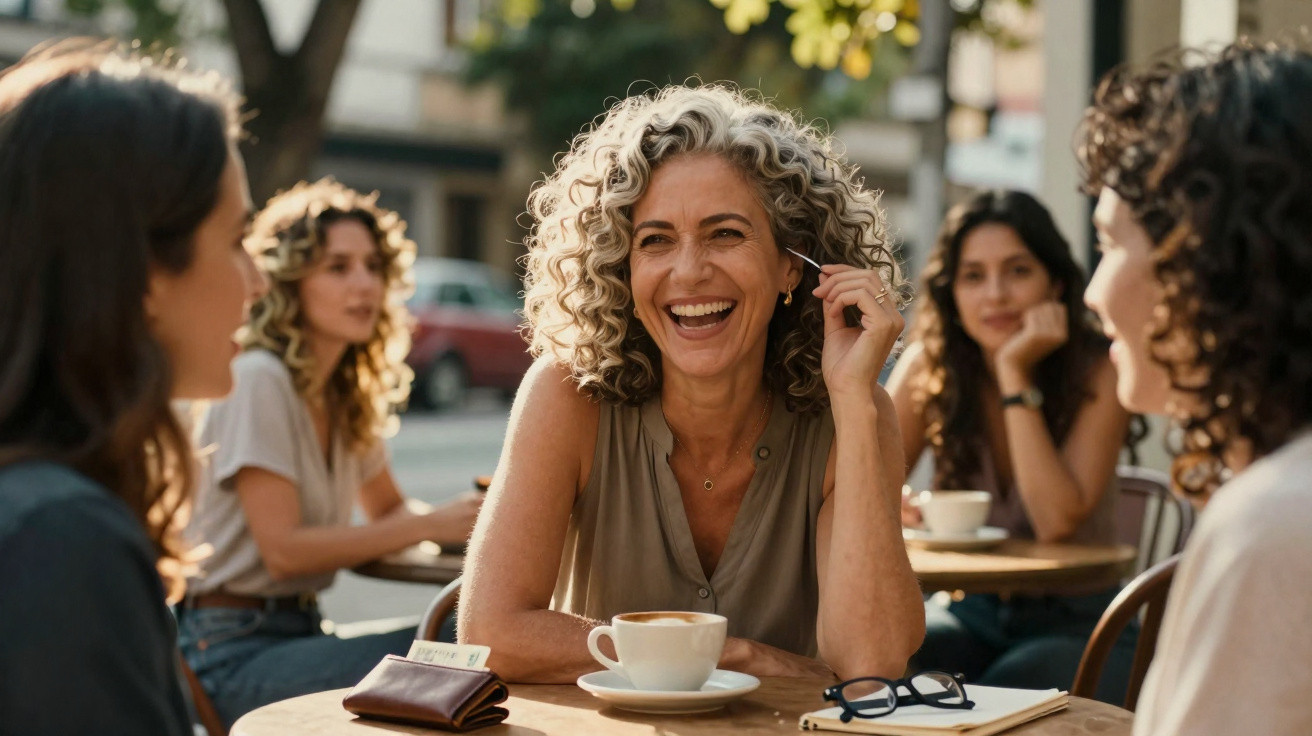 Mulheres conversando e sorrindo em cafeteria ao ar livre durante o dia, com café nas mesas.