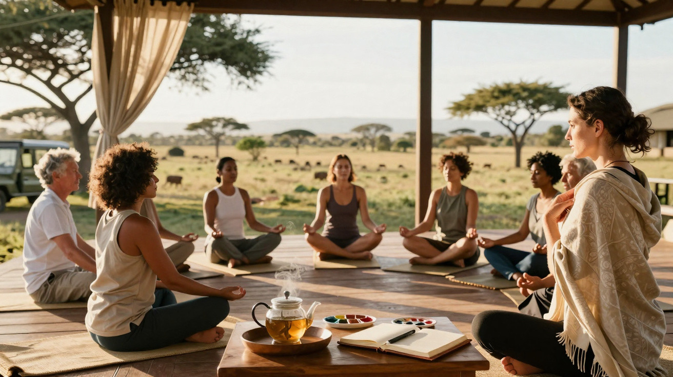 Grupo diversificado meditando ao ar livre em varanda ampla com paisagem de savana ao fundo.