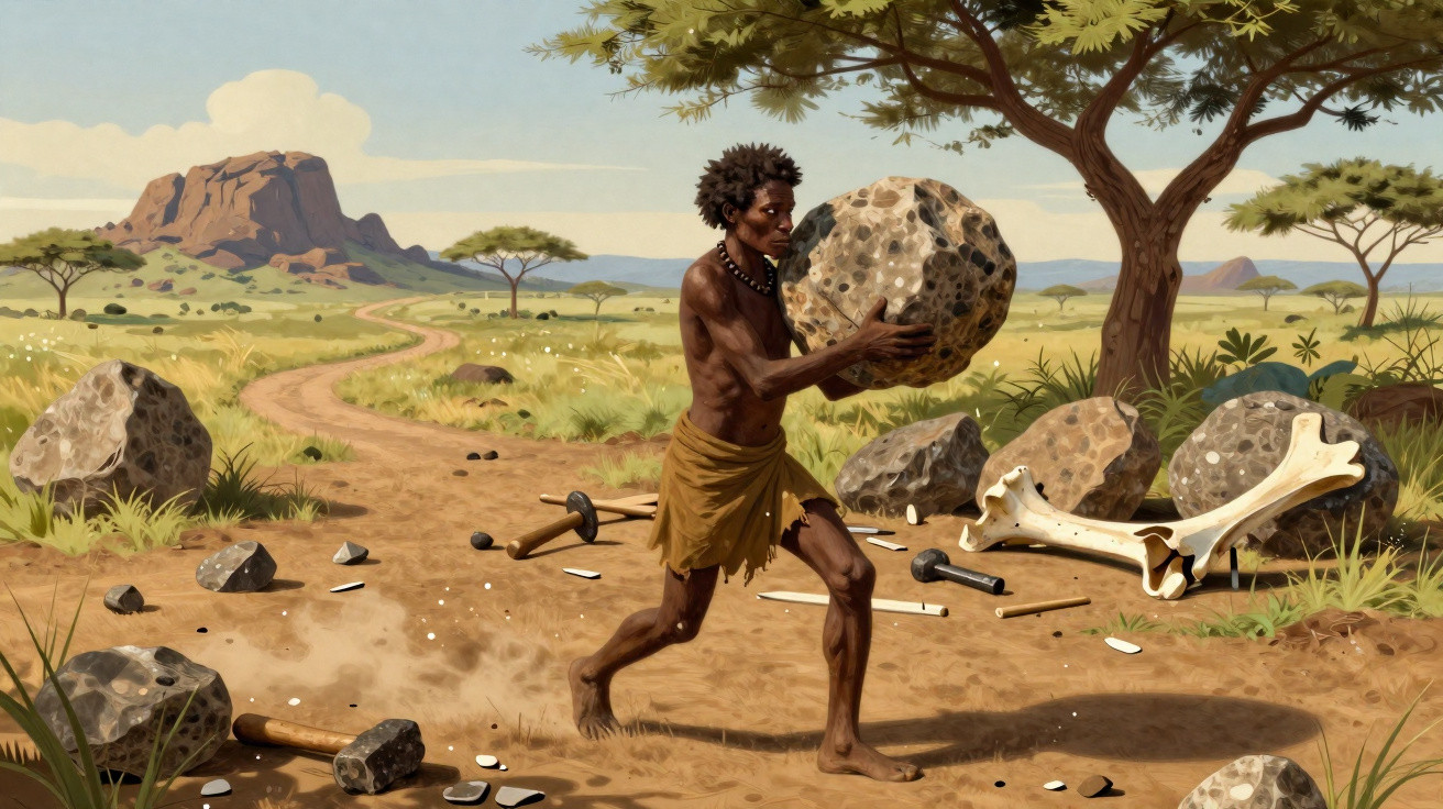 Homem pré-histórico carregando uma grande pedra em uma paisagem de savana com ferramentas espalhadas no chão.