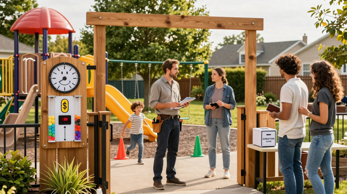 Grupo de adultos conversando próximo a playground com criança brincando ao fundo em dia claro.