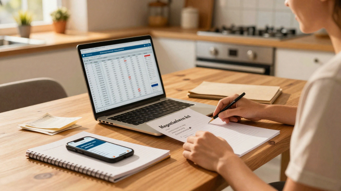 Pessoa trabalhando em casa com laptop, celular e anotando em papel na mesa de madeira.