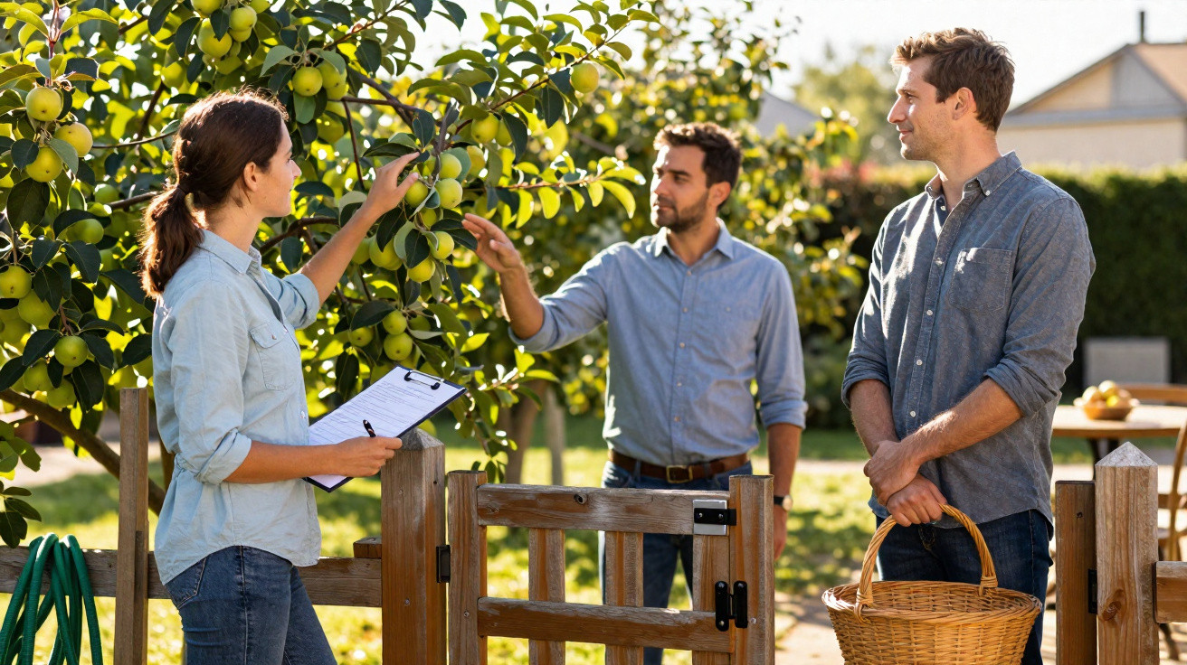 Três pessoas conversando em pomar, uma com clipboard, outra apontando para frutos e a terceira com cesta.
