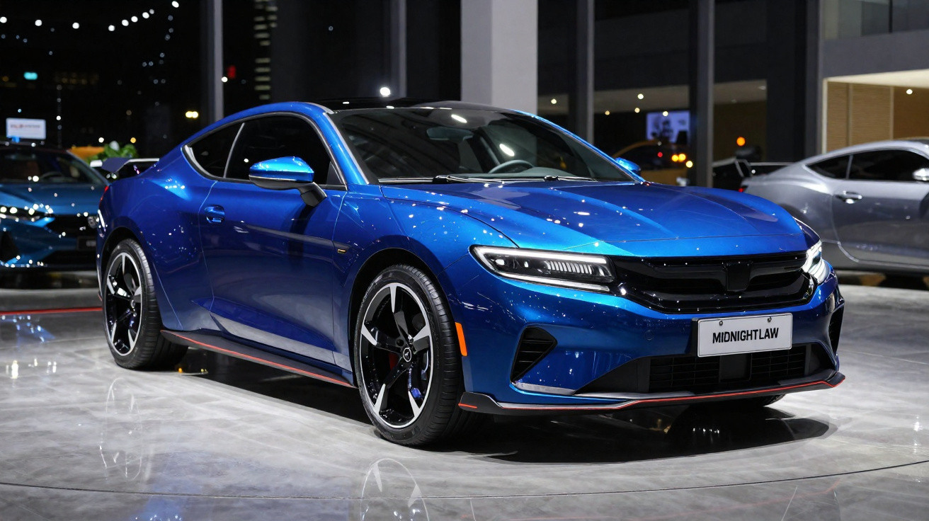 Carro esportivo azul metálico exposto em showroom com piso refletivo e iluminação noturna.