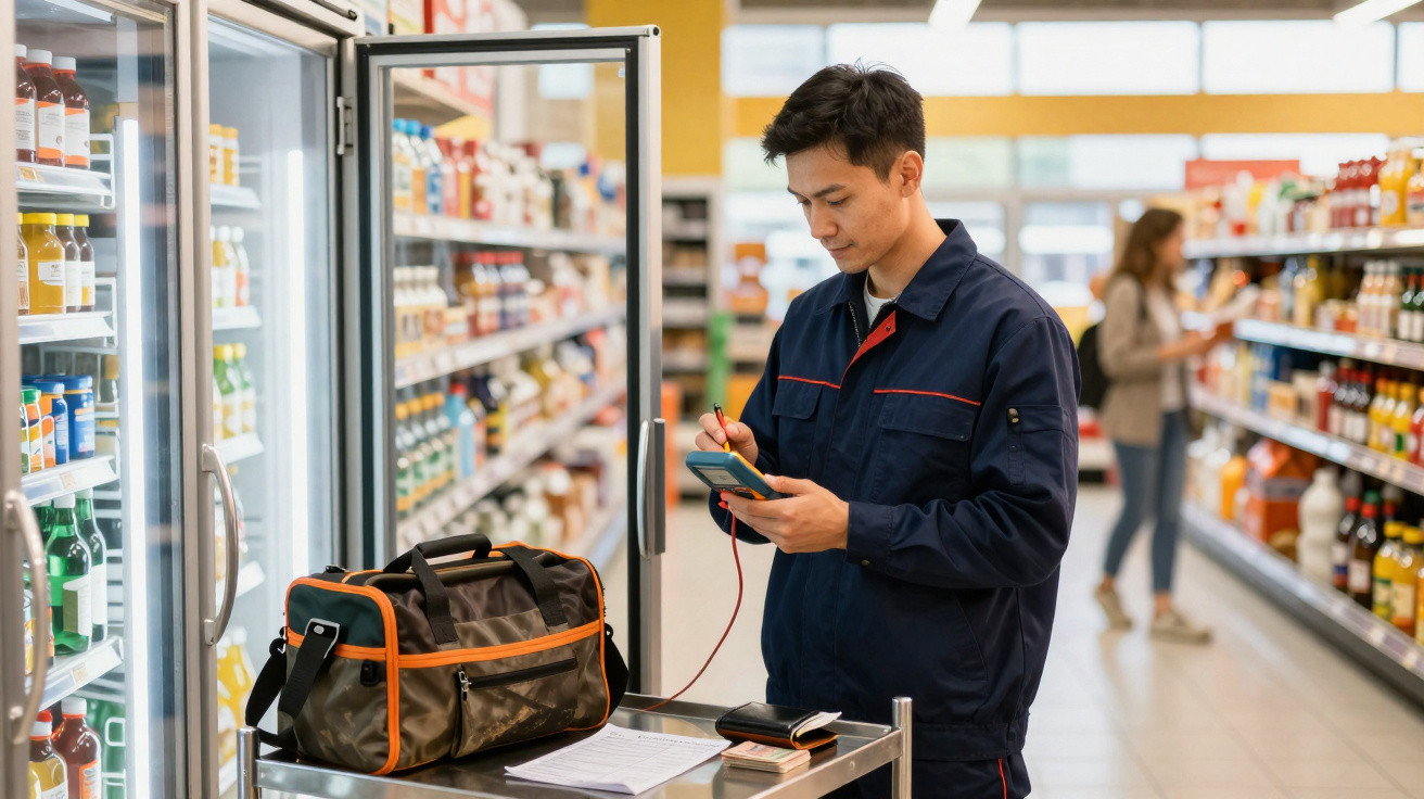 Funcionário de supermercado com uniforme azul verifica estoque na área de bebidas refrigeradas.