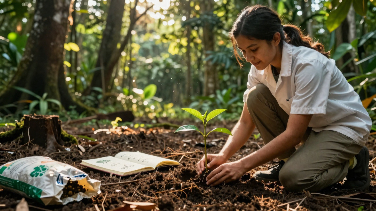 Mulher plantando muda de árvore no solo, com livro aberto e saco de adubo ao lado, em floresta.